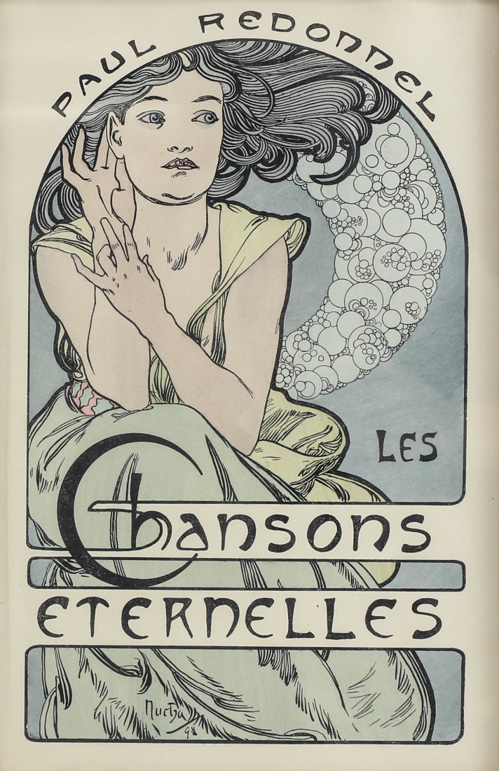 Alphonse Mucha (Czech 1860-1939) "Les Chansons: An 1898 original print from the book "Les Chansons Eternelles" by Paul Redonnel (1860-1935). Signed & numbered, Mucha, 98 (lower left in plate). Measures: 10.5 x 7" (17 x 13" framed) Shipping Estimate