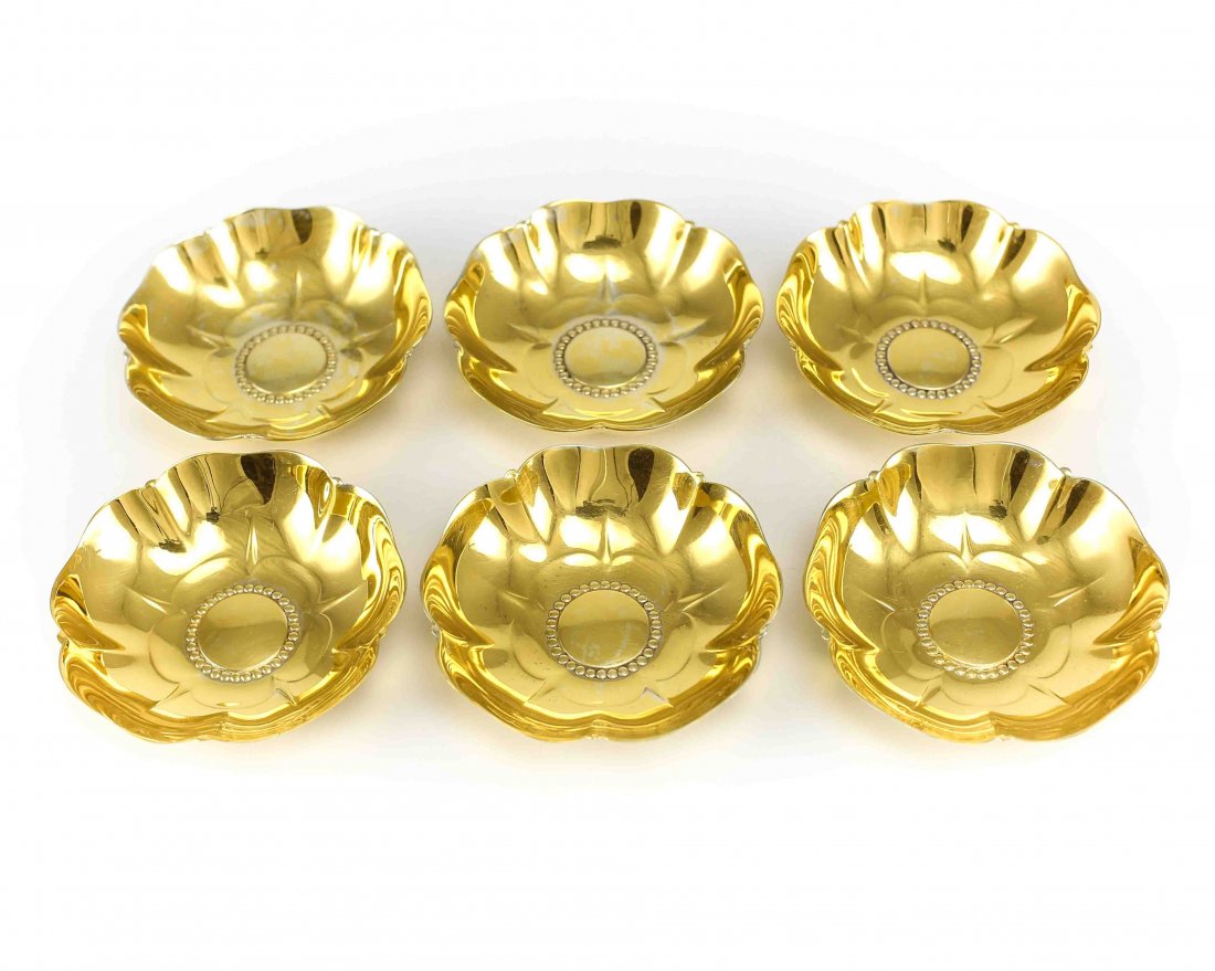 6pc Tiffany Gilt Sterling Silver Flower Dishes: Matching 6 piece set of richly gilt sterling silver Tudor Rose nut or decorative dishes by Tiffany & Co. Each taking the form of a flower with beaded circular design. All marked "Tiffany & Co Makers 2