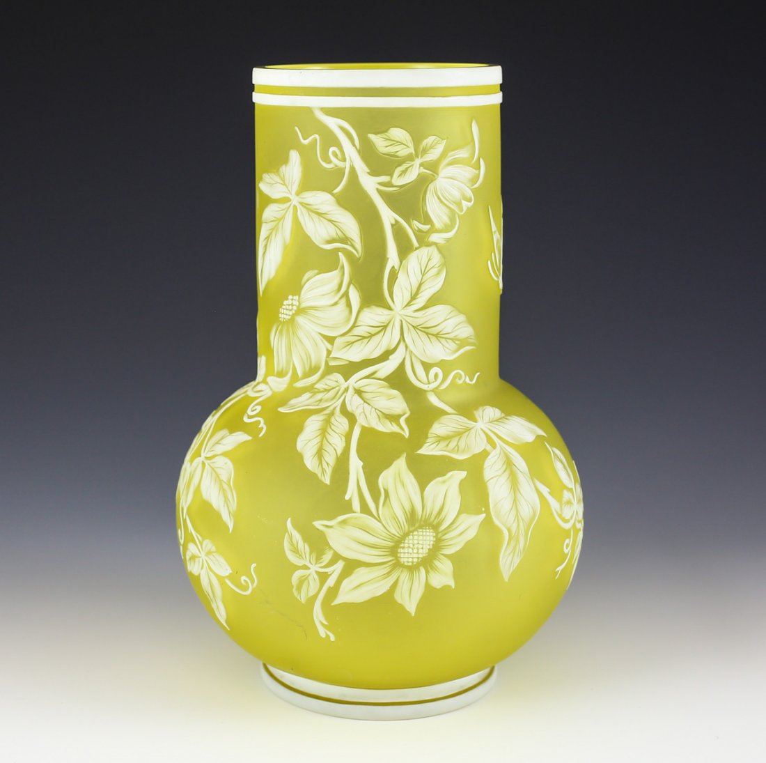 Thomas Webb Yellow & White Floral Cameo Glass Vase: Thomas Webb English Art Glass, Yellow Cameo Glass Vase, circa 1900. White Florals on Citrine. Measures: 4.75 inch Diameter, 8 inch Height Shipping Quote: $20