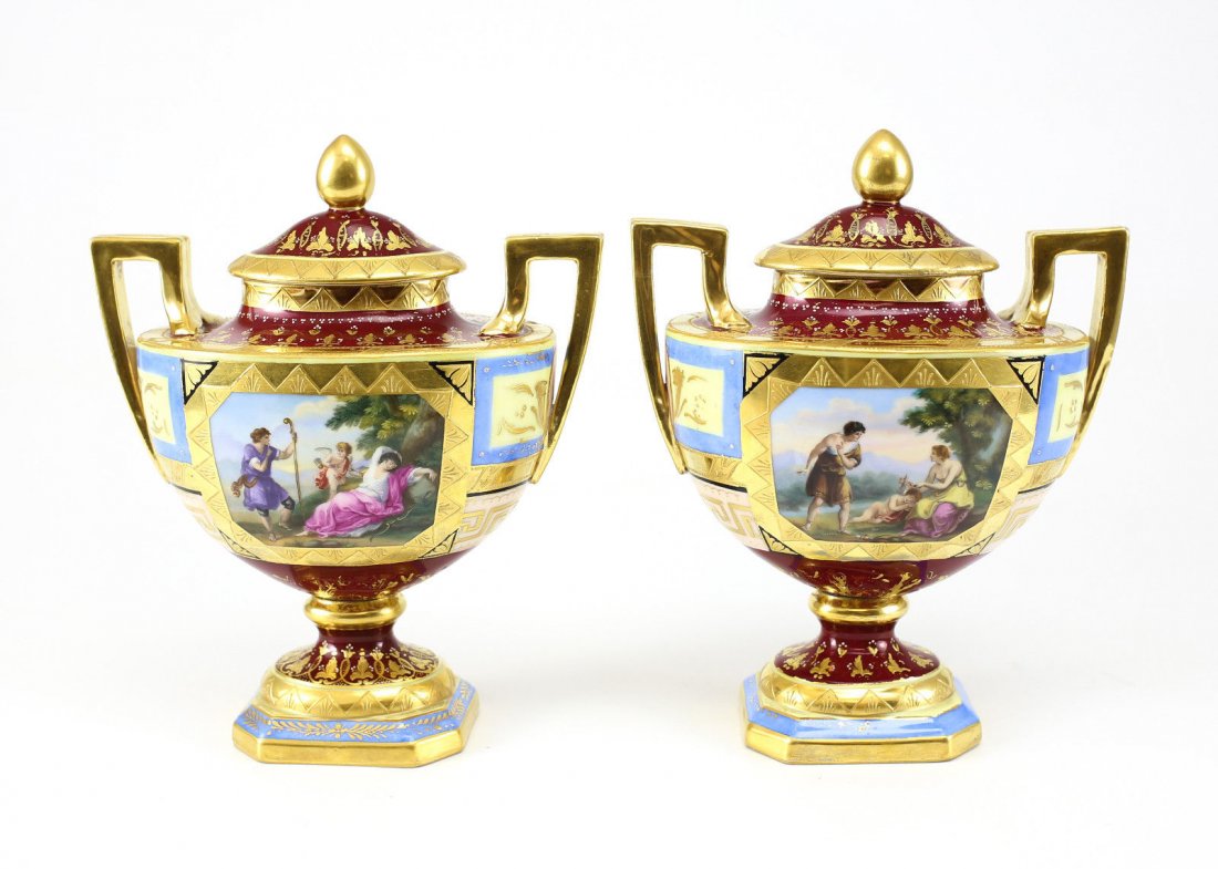 Pair Royal Vienna Porcelain Urns Courting Scenes c1900 (1 of 6)