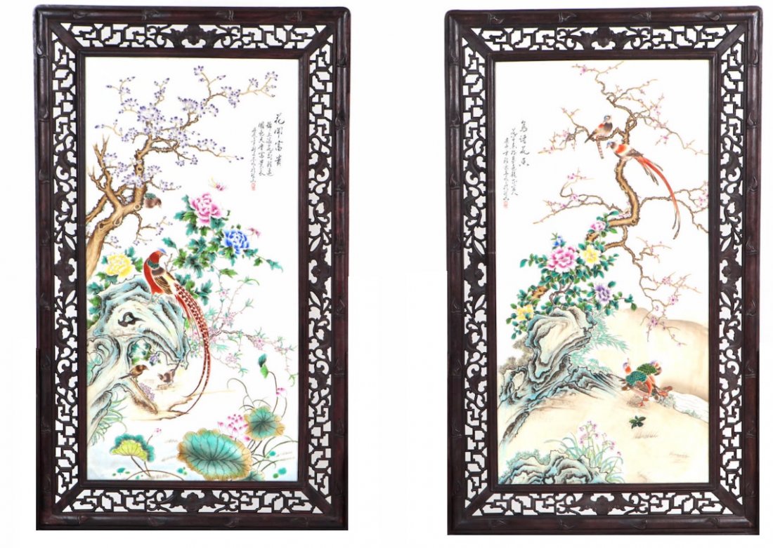Pair Large Chinese Porcelain Plaques Wood Frame (1 of 1)