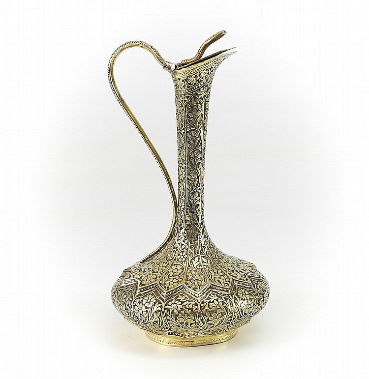 c1920 Indian Gold Wash Hand Chased Silver Snake Ewer (1 of 2)