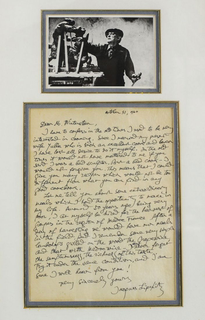 Lipchitz, Jacques (Lithuania 1891-1973) letter Signed: Lipchitz, Jacques (Lithuania 1891-1973) Letter To Mr. Winterson Signed Jacques Lipchitz & dated October 31, 1960. With photo of the scultptor at work. The subject of this letter refers to Lipchitz's w