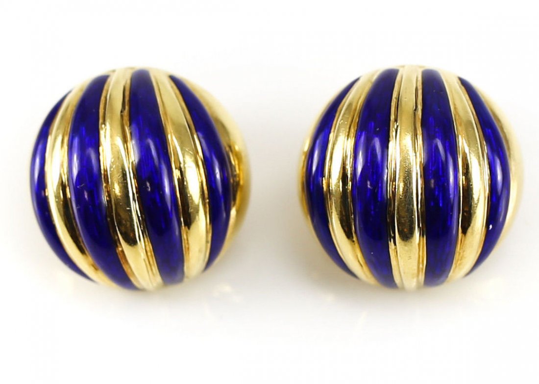 Cartier 14k Gold Cobalt Blue Enamel Earrings Signed (1 of 7)