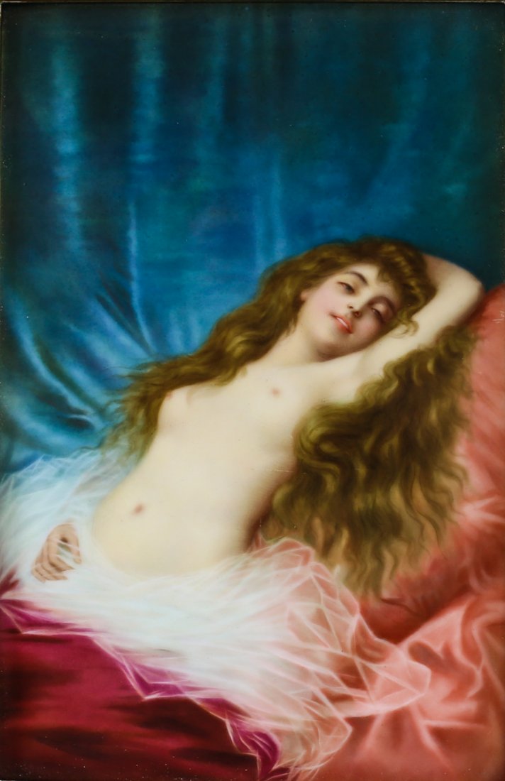 19th Century KPM plaque of a nude beauty.: Finely painted 19th Century porcelain plaque of a young recumbent beauty with red flowing hair. Incised KPM on reverse with scepter. Lovely gilt wood frame. Measures 8" by 5.25" visible, 20" by 17"