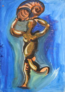 Hubert Schmalix (Austrian 1952-) Gouache Painting: Schmalix, Hubert (Austrian, 1952-) Colorful gouache painting, apparently depicting the silouhette of a man carrying a rock or basket overhead. Dated 1981, signed in pencil on verso. Measures: 27.5 inc