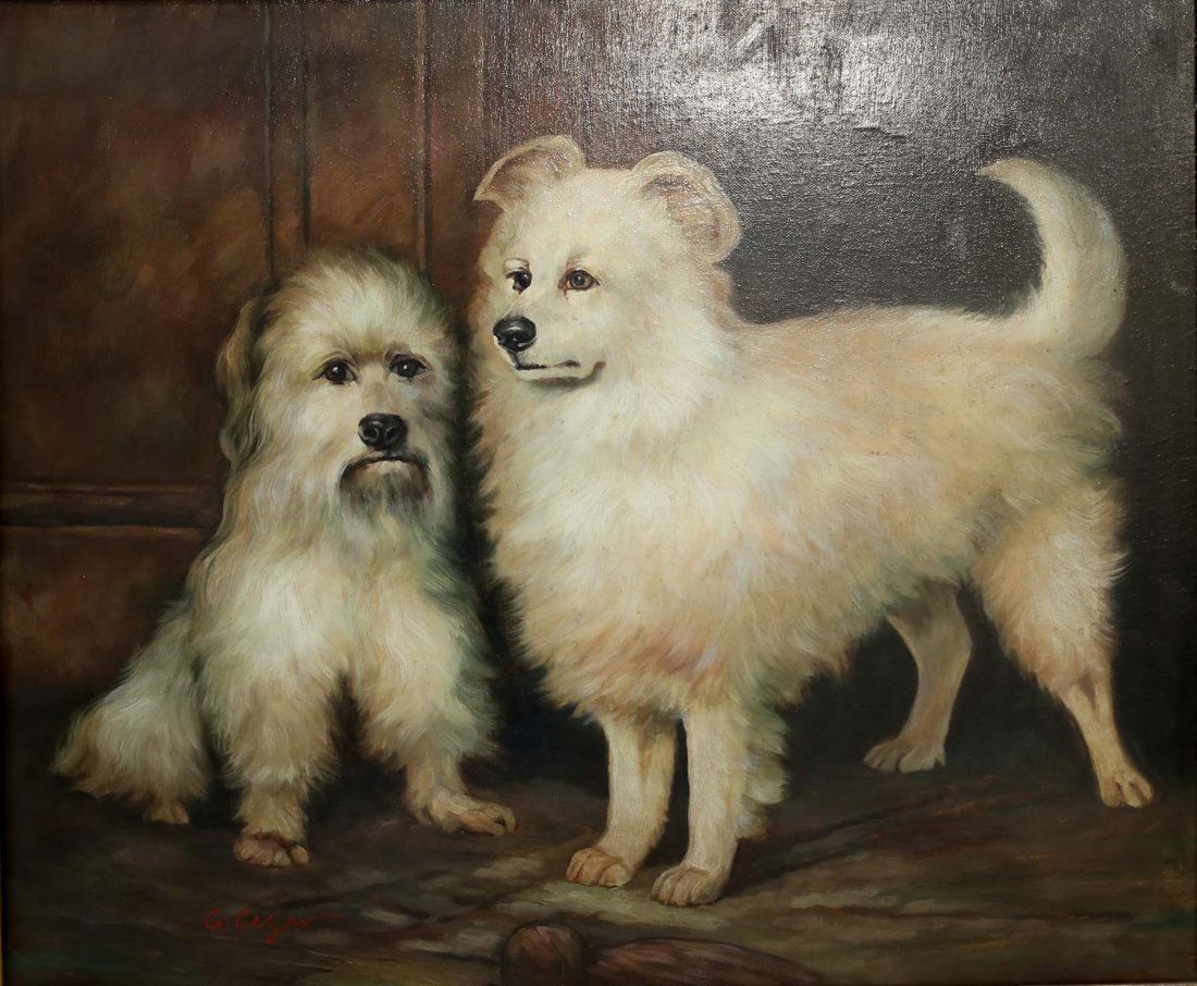 C. Cesar Signed Oil Painting Two Pomeranian Dogs (1 of 4)