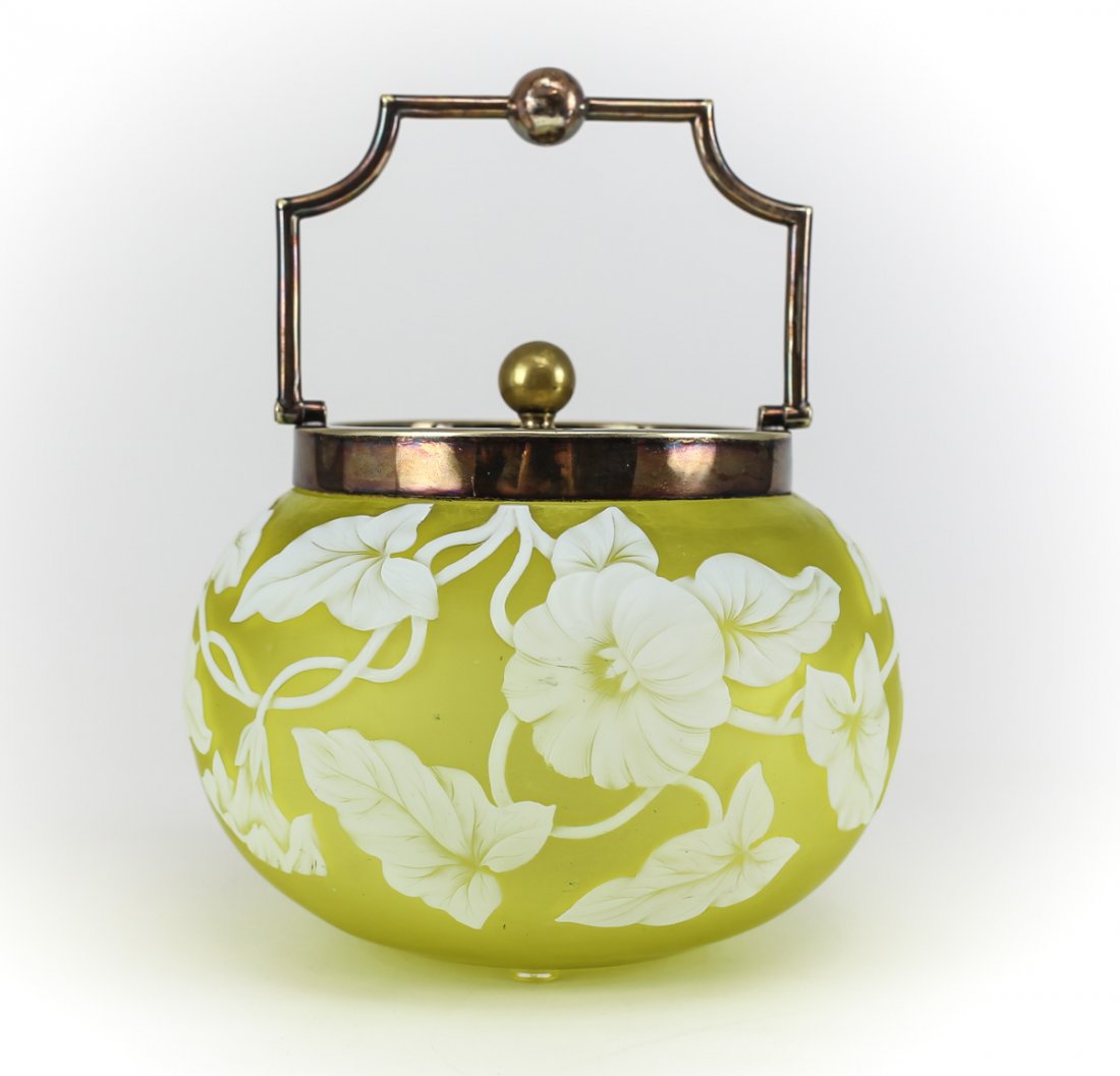 Thomas Webb Silver Plate Cameo Handled Jar: A c1900 Thomas Webb silver plate & white floral etched cameo jar. Measures: 5 inches tall (8 inches tall with handle), 6.5 inches wide Domestic Shipping: $30