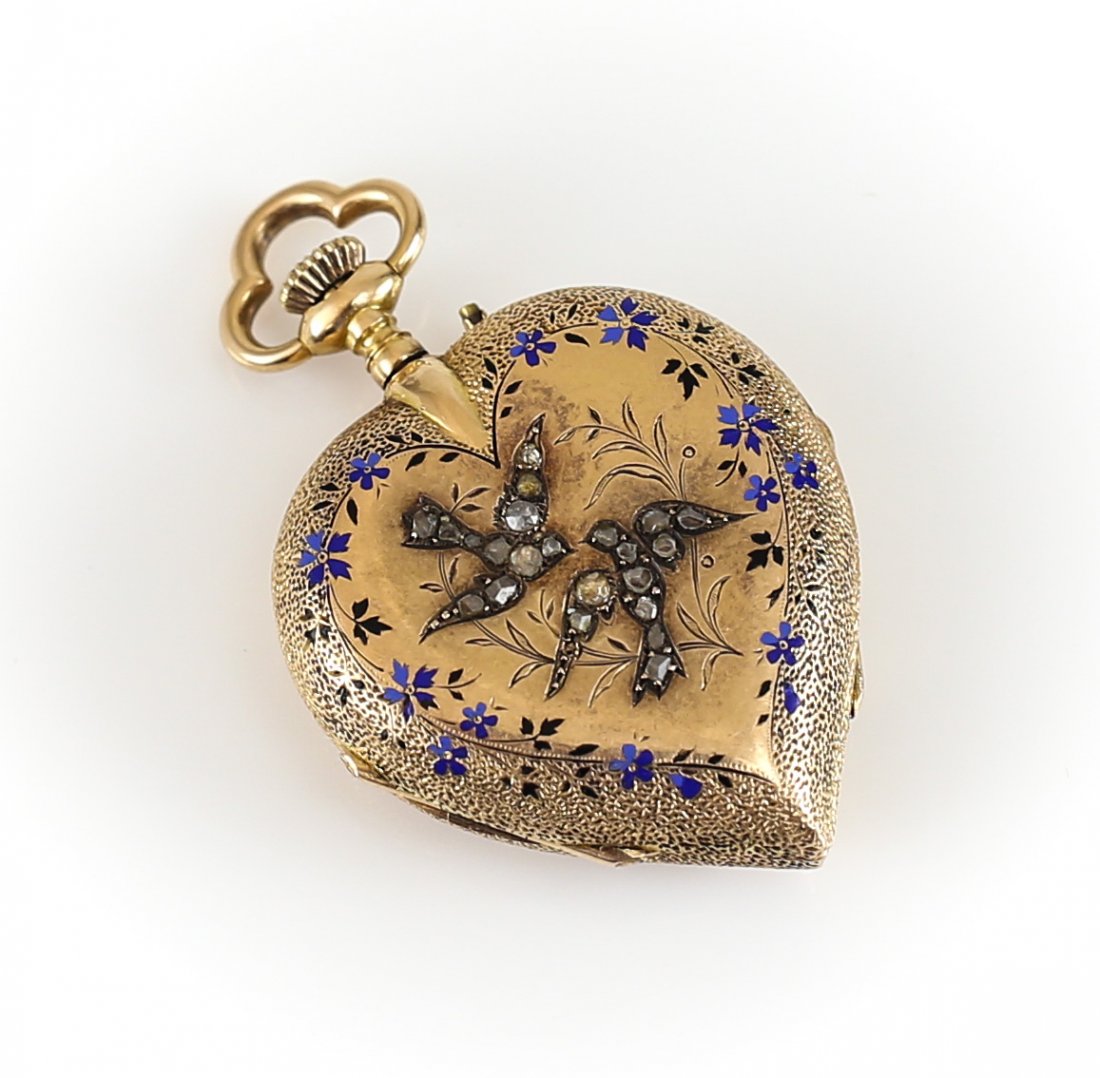 Ladies 18K Gold Pendant Swiss Heart Pocket Watch (1 of 6)