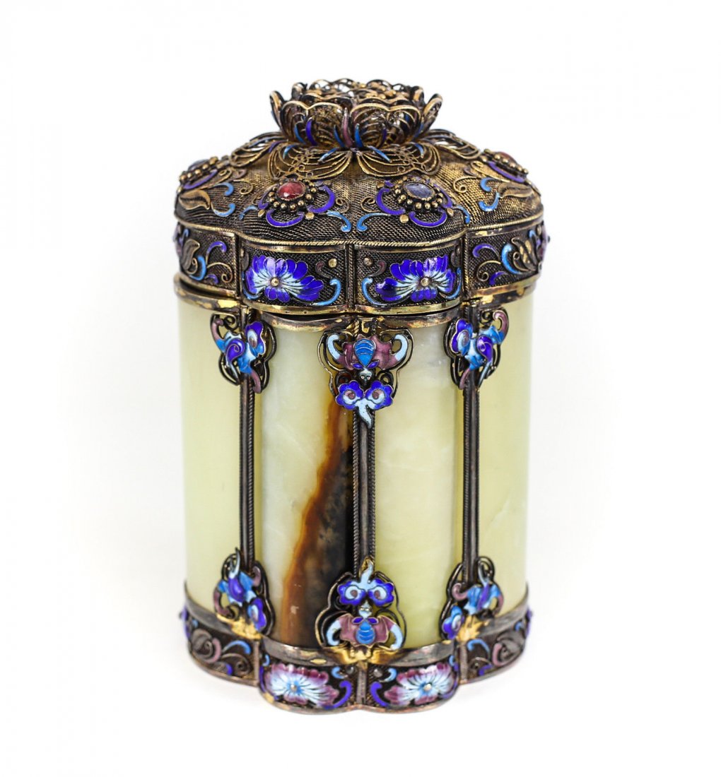 Chinese Russet Jade & Silver Enamel Tea Caddy (1 of 2)
