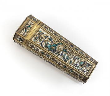 Chinese Champleve Enamel on Gilt Silver Etui Case: A late 19th century Chinese Etui or ladie's decorative case. Very fine engraved chinoserie scene of village with figures & animals. Maker's mark on underside. Weight: 3.45 ozt Measures: 4.5 inches tal