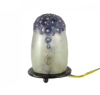 G. Argy Rousseau Pate De Verre & Iron Lamp: A pate-de-verre and iron night light lamp by Gabriel Argy-Rousseau. Measures: 6 inches tall. Domestic Shipping Estimate: $50