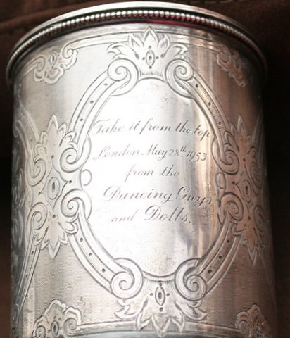 1953 DANCING GUYS & DOLLS LONDON STERLING CUP: A rare Sterling Silver Presentation Tankard celebrating the 1950’s production of Guys and Dolls in Britain, with an inscription on the front,”Take it from the Top; London May 28, 1953 from the Dan