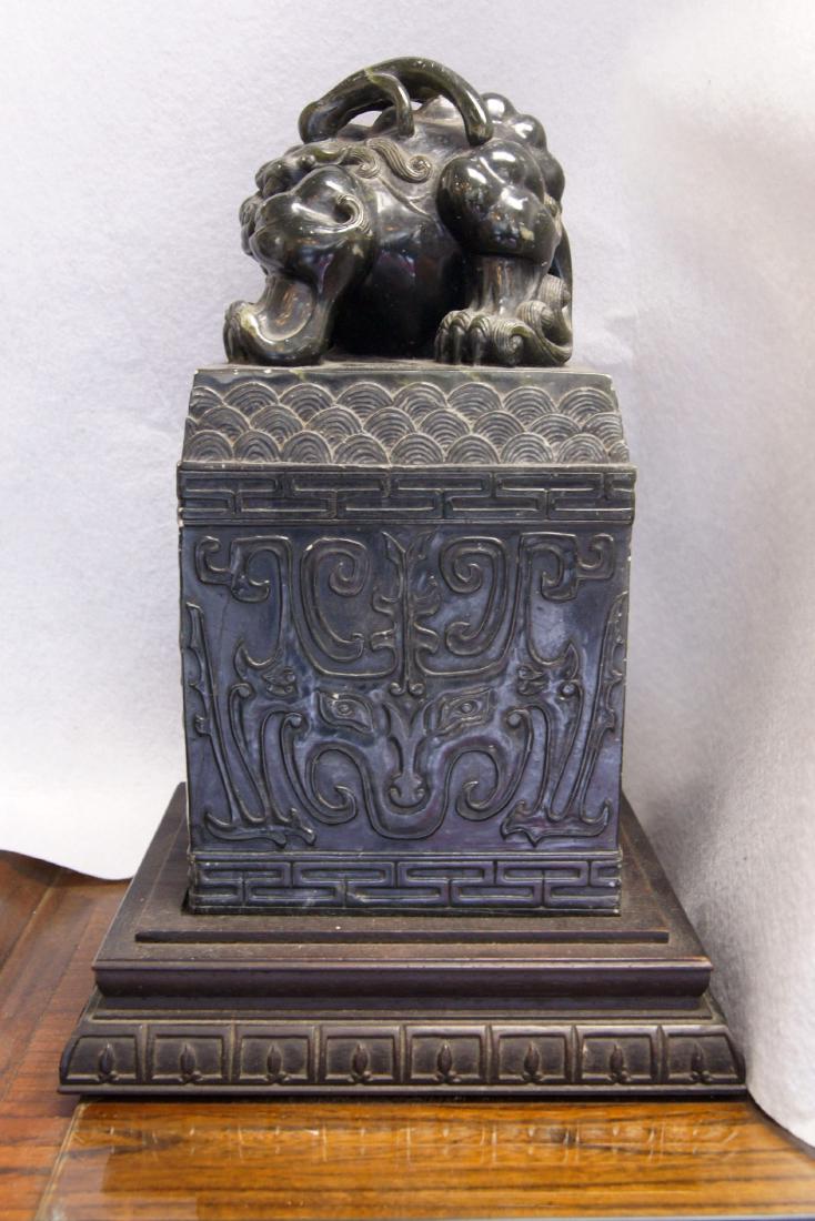 21.9kg Han Dynasty Chinese Antique Old Shoushan Stone: 21.9kg Han Dynasty Chinese Antique Old Shoushan Stone Seal w/ Wood Box #645 - Description: Huge Han dynasty Shoushan dragon seal. This seal comes with an antique red wood tailor-made box. Measurements