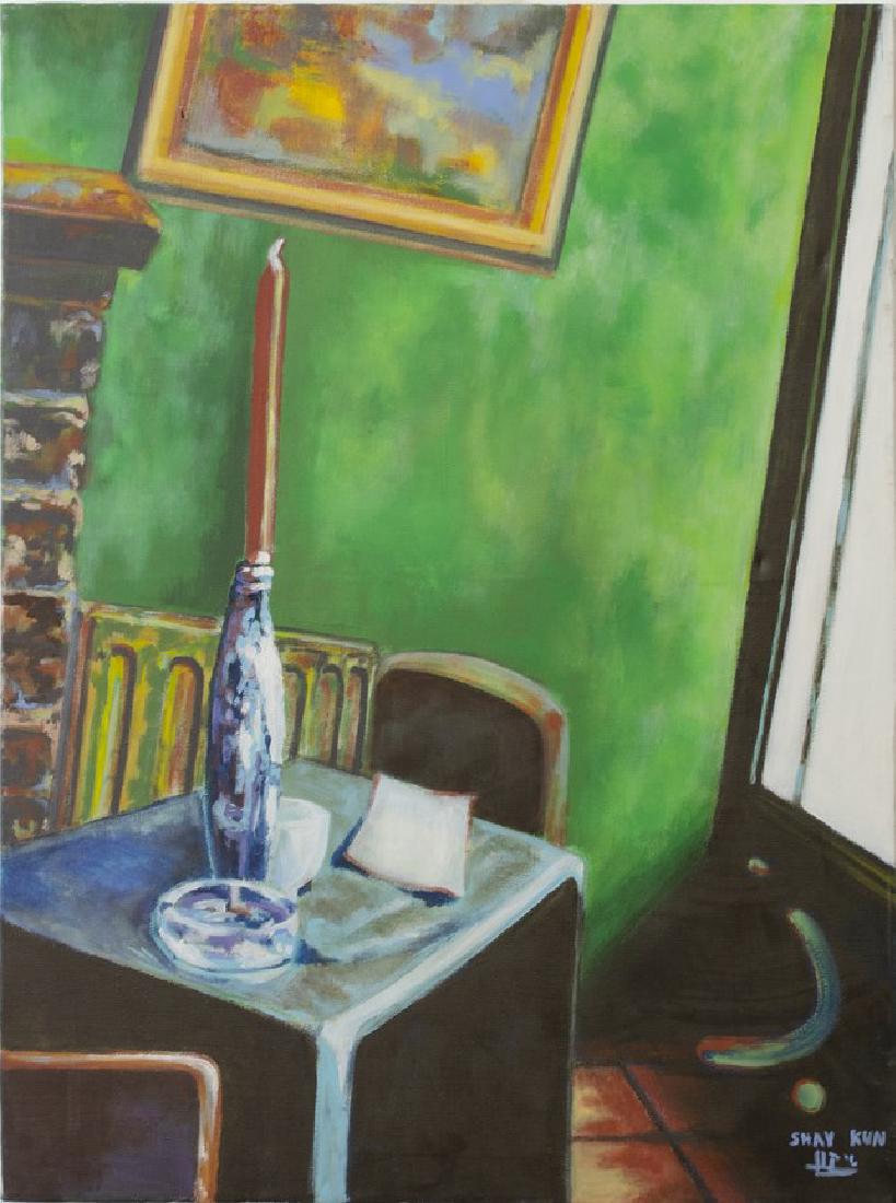 Shay Kun (b. 1974): Shay Kun (b. 1974), Candlestick on table, oil on canvas, 61X81 cm. Signed.