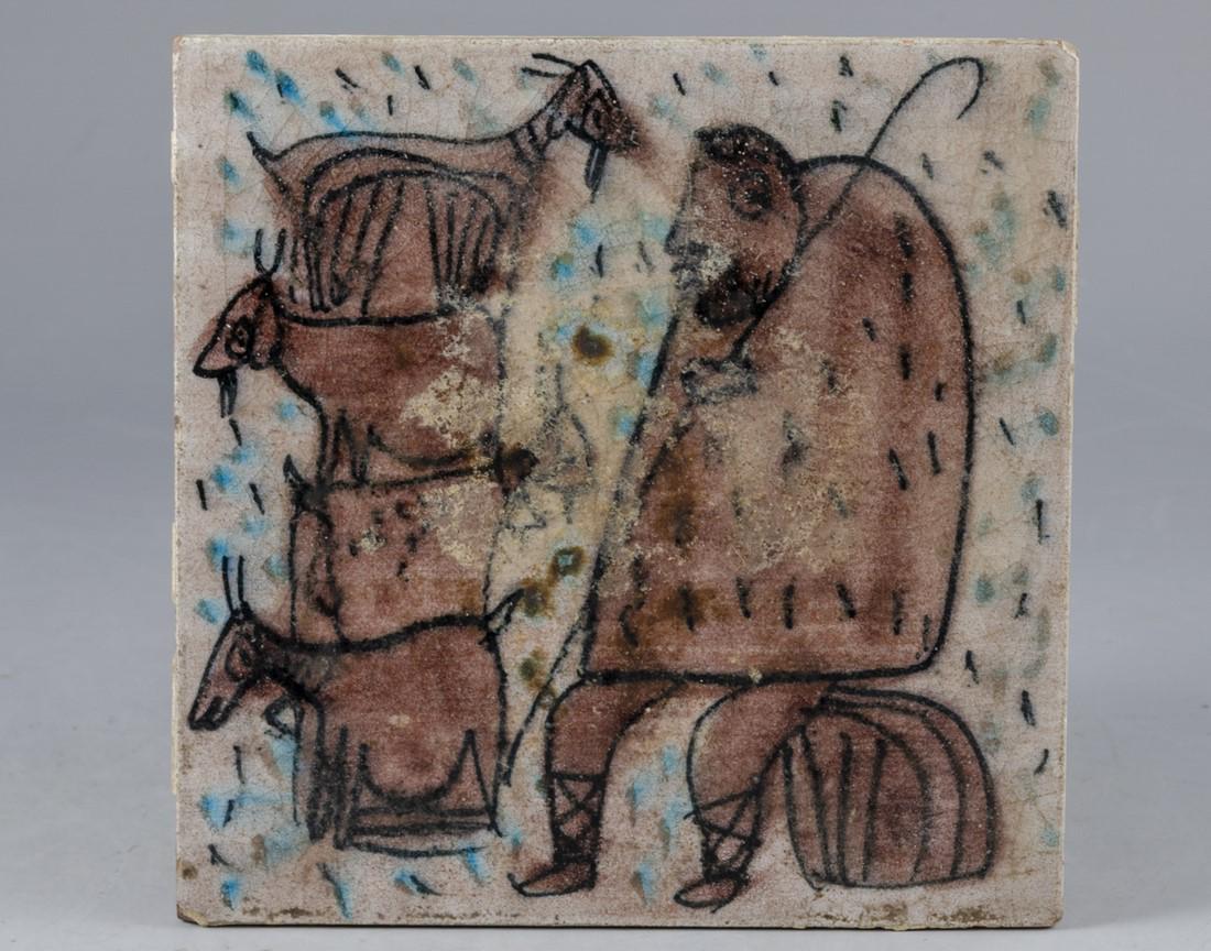 Mid Century Italian Ceramic Tile: Mid-century hand-painted Italian ceramic tile, gambone, fantoni, raymor, Desimone era. Size: 15X15 cm. Minor flaws (wear, chips to corners). Provenance: estate of Dahn Ben-Amotz.