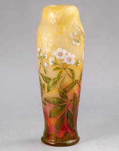 Pate de Verre Glass Vase, Daum Nancy: Pate-de-verre (cameo) glass vase by Daum Nancy, France. Acid etched with floral motifs. Height: 26 cm, signed.