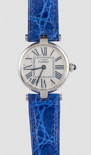 Women's Wrist Watch, Cartier: Cartier Quartz women's wrist watch. Sterling silver case, leather strap and steel clasp. Case diameter: 24 mm. Unknown working order.