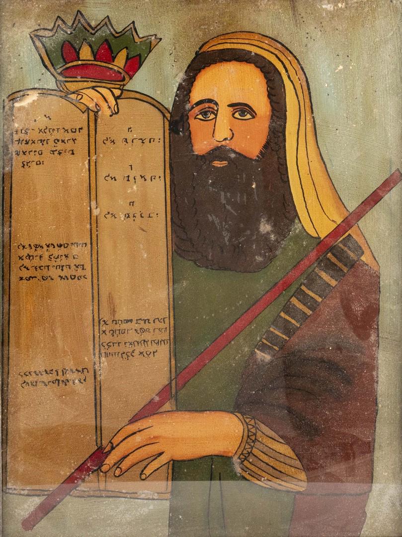 Judaica Paintings - Moses and the Tablets of the Law: Lot of two Jewish Judaica paintings of Moses and the Tablets of the law, one oil on glass and one collage, 38X28 - 39X29 cm. Flaws.