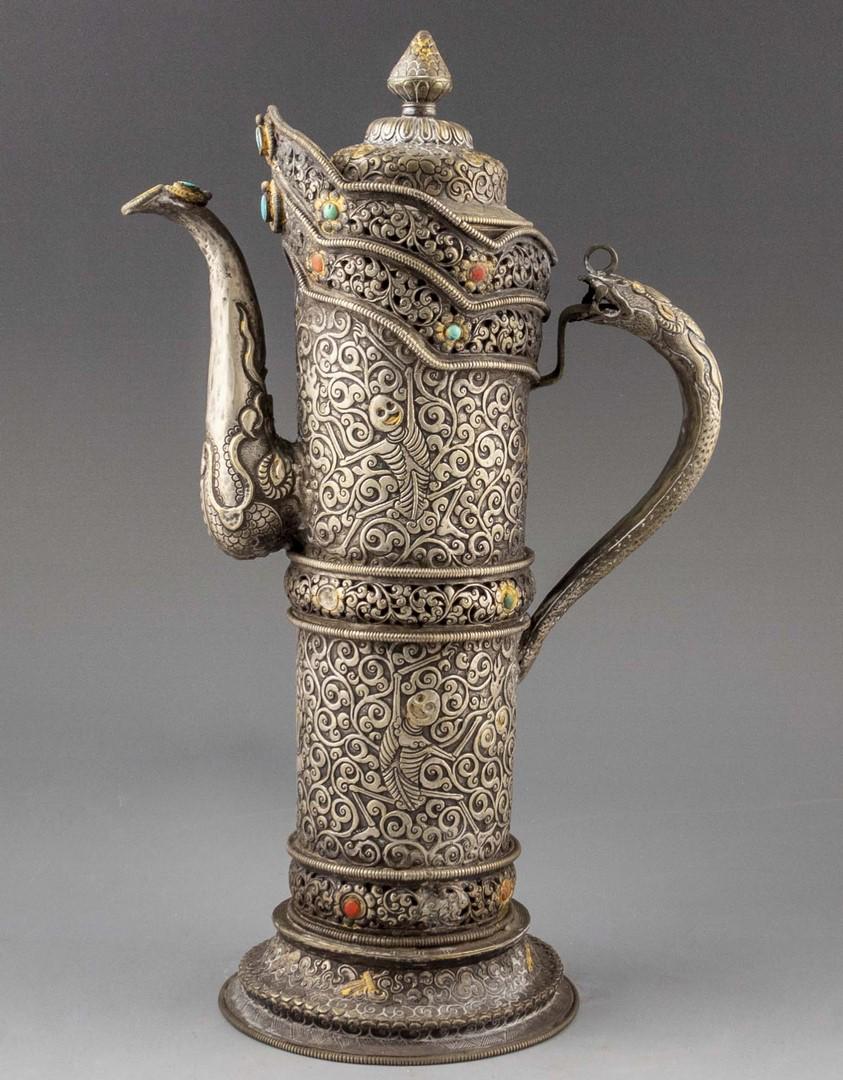 Tibetan lidded White Metal Pitcher (1 of 12)