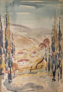 Mordechai Avniel (1900-1989): Mordechai Avniel (1900-1989), Village landscape, watercolors on paper, 50X72 cm, signed.