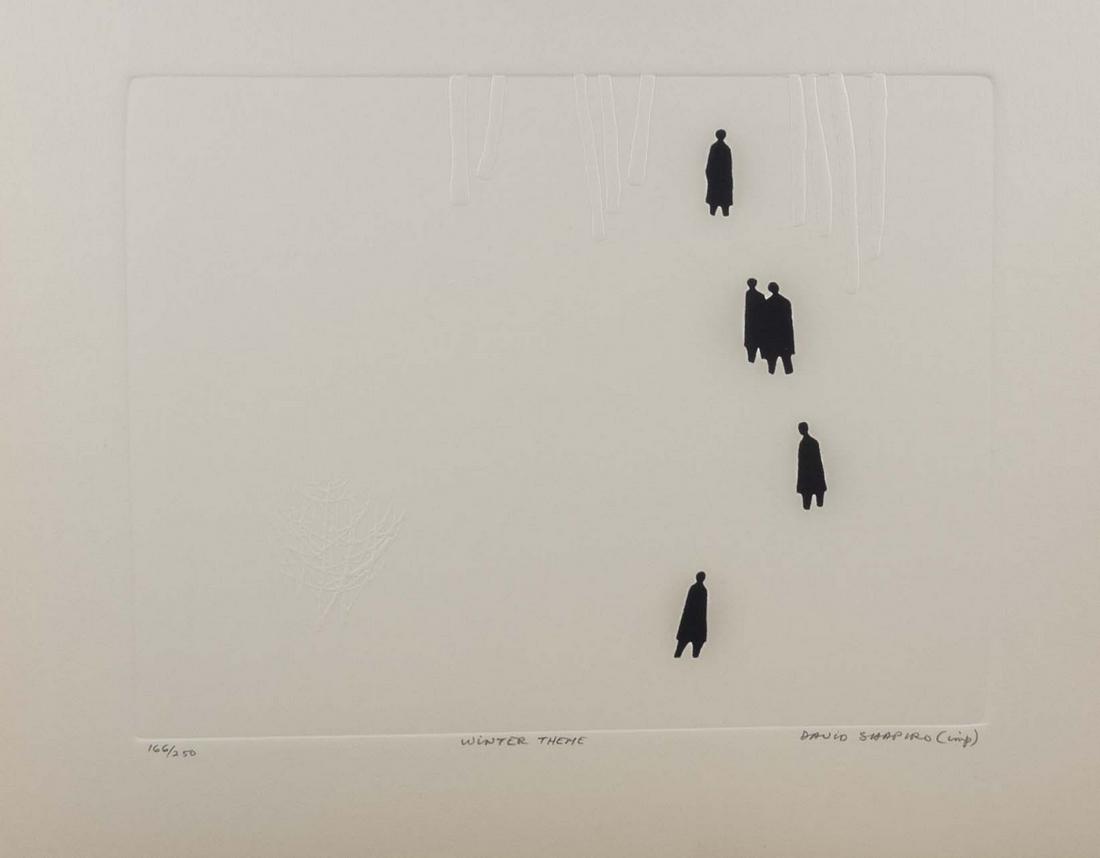 Israeli Print Lot: Lot of prints by Israeli artists, including three lithographs by Hubert Montarier (1913), two intaglio prints by David Shapiro (1916-2005) and an additional intaglio print by an unidentified artist. D