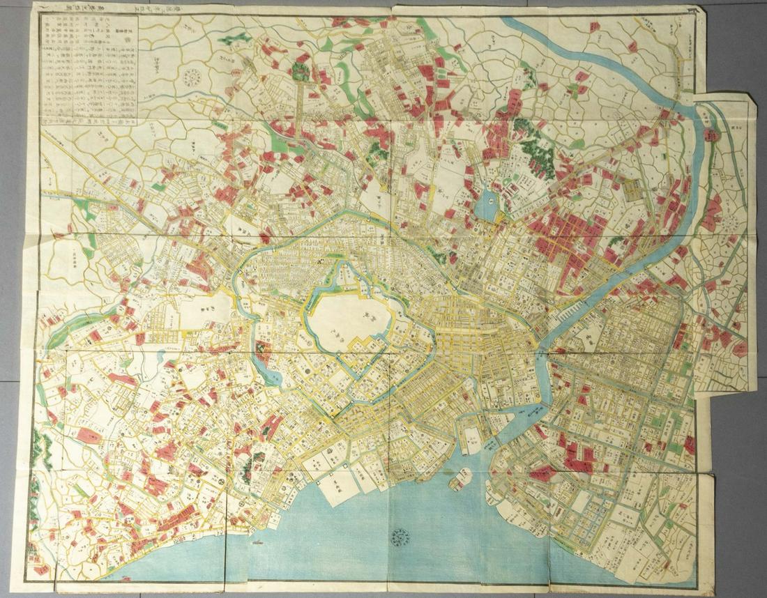 19th Century Map of Edo (Tokyo): Large map of Edo (Tokyo), ca. 1860. Dimensions: 114X93 cm. Good-fair condition (slight tears to folding lines, one panel detached). Provenance: Prof. Avraham Altman collection.Our sincere thanks to li