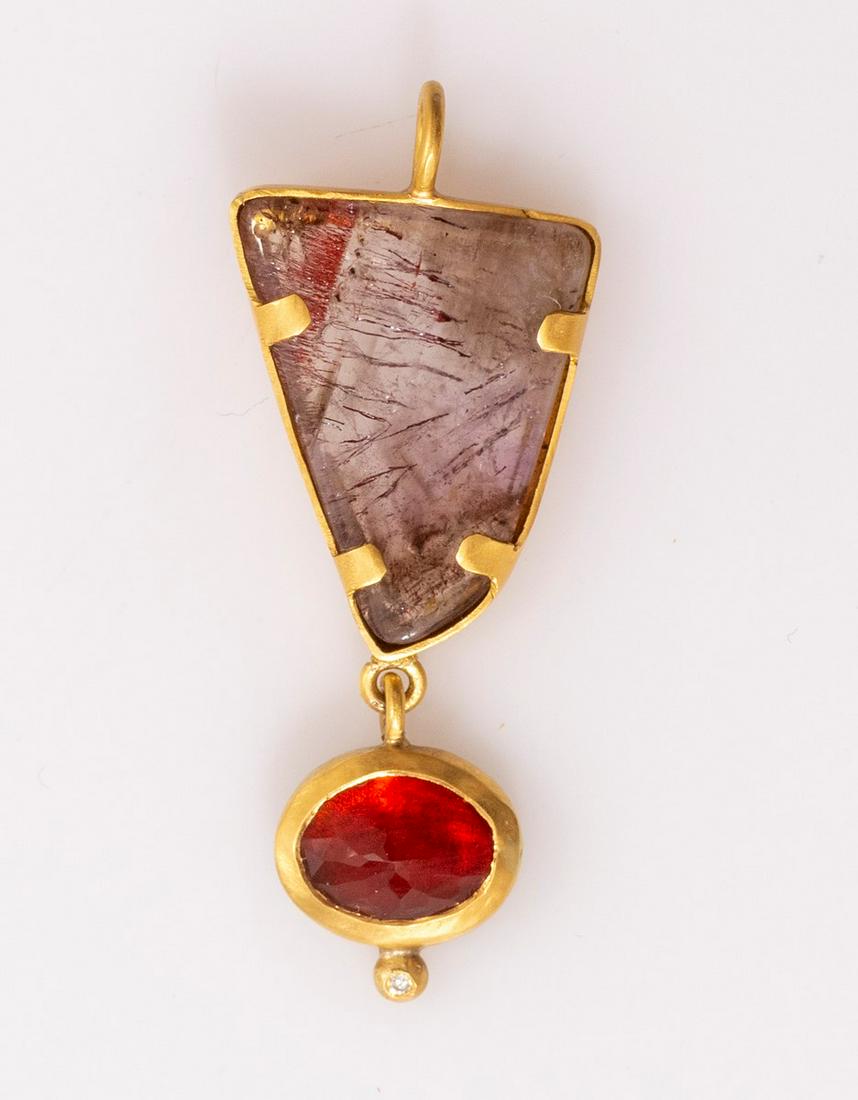 Gold Pendant: 22K gold Pendant, set with a diamond and other stones. Length: 5 cm, weight: 8.2 grams.