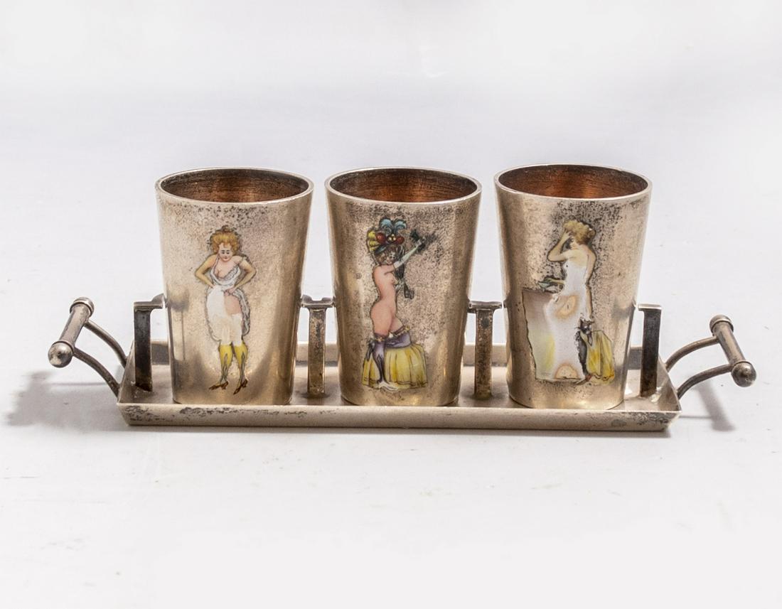 Silver and Enamel Cups and Tray Set (1 of 4)