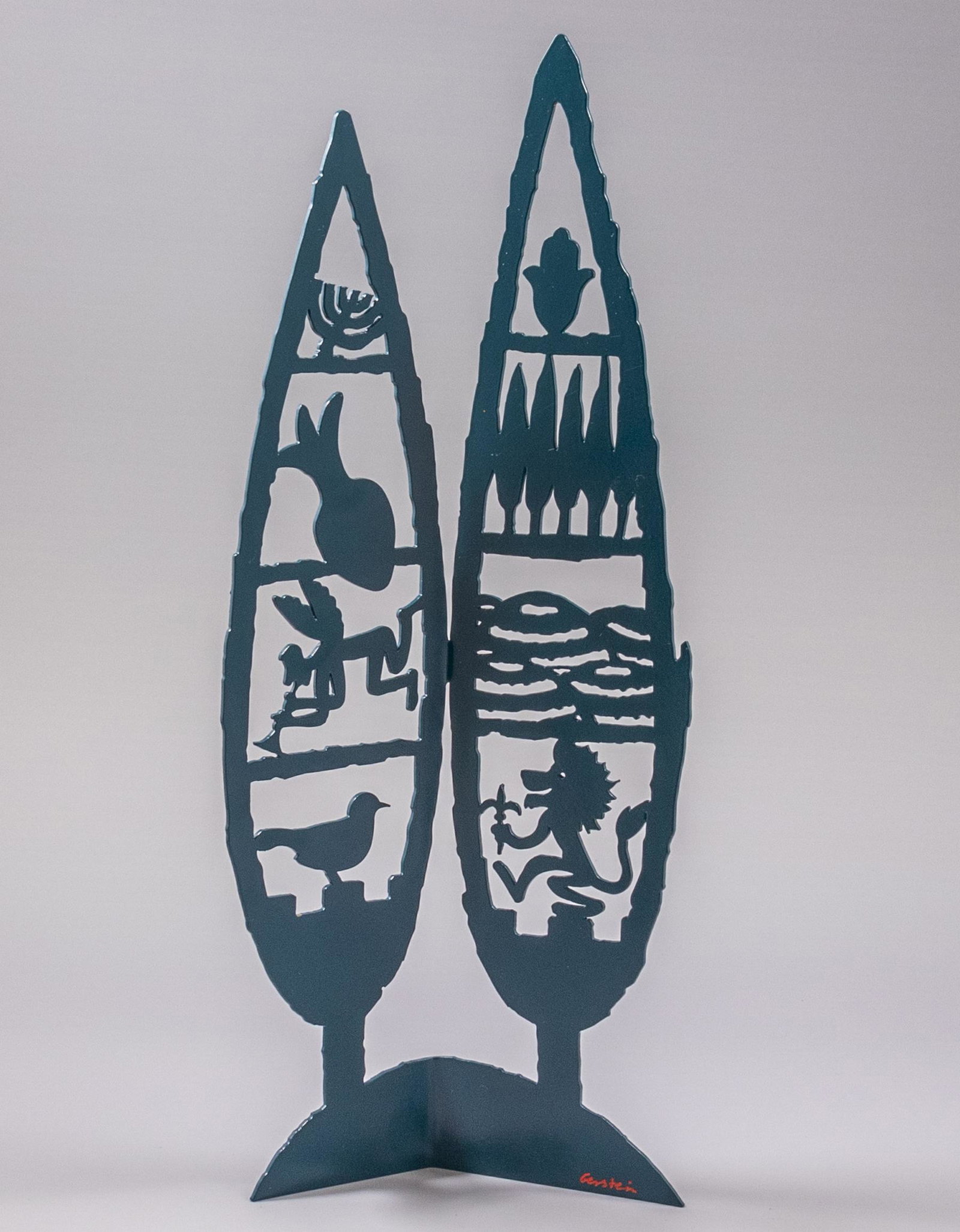 David Gerstein (b. 1944): David (Dudu) Gerstein (b. 1944), Cypresses in honor of the 3000th anniversary of Jerusalem. Aluminum cut, 38X14 cm, signed. In the original box with an authenticity certificate.