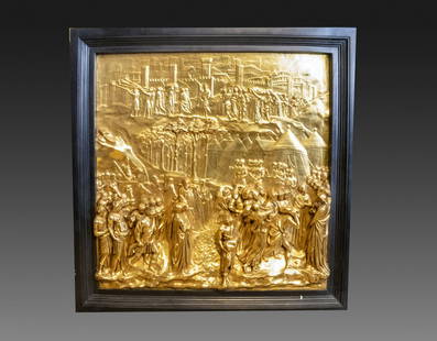 Battle of Jericho Relief: Large relief of "the battle of Jericho", part of "The Gates of Paradise" from the Florence baptistery, after Lorenzo Ghiberti. Gilt cast metal. Dimensions: 78X77. Minute flaws. This item is for local