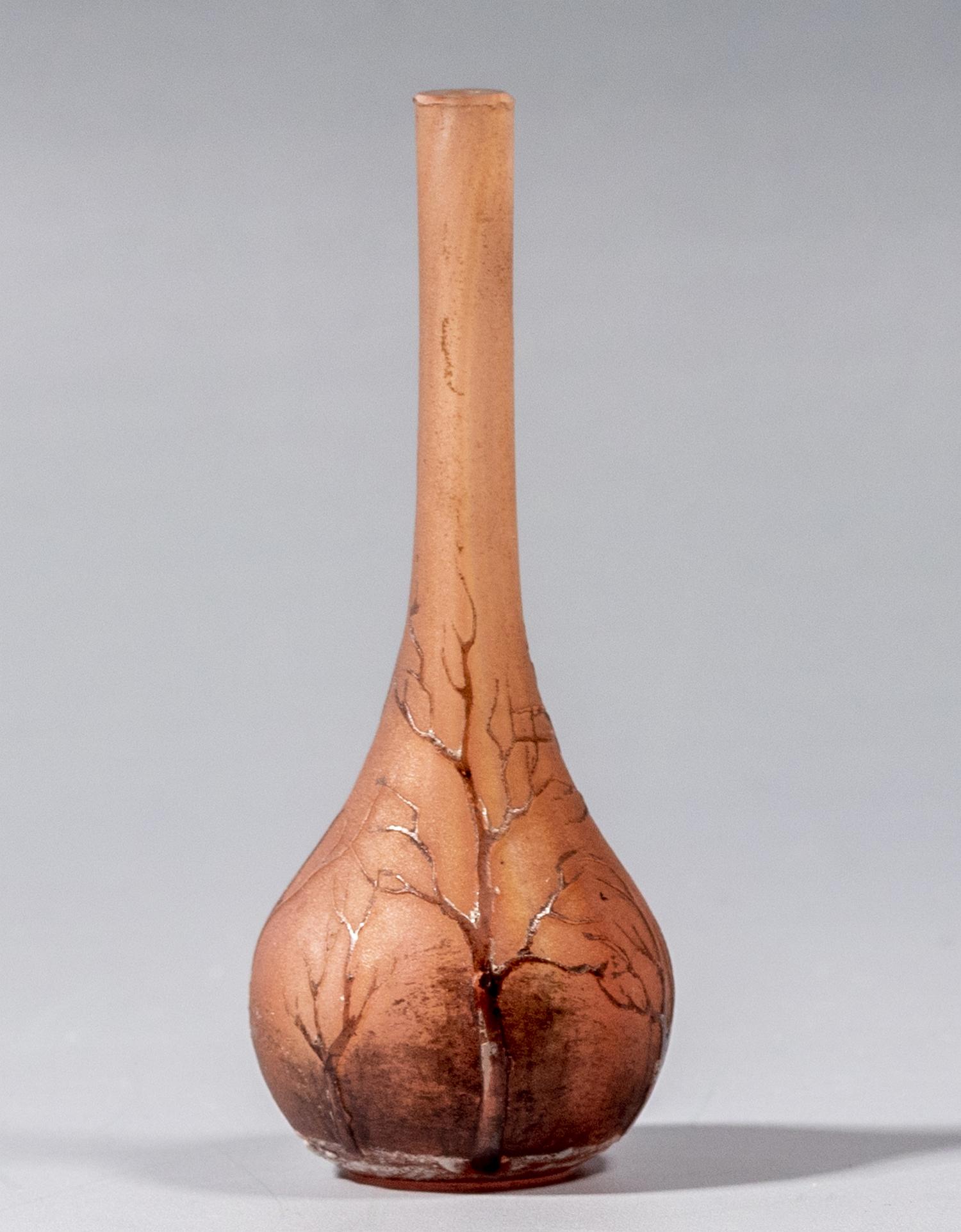 Cameo Glass Vase, Daum Nancy: Miniature cameo glass vase (pÃ¢te-de-verre) by Daum Nancy, France, c. 1900. Decorated with etching and enamel painting of trees. Height: 7 cm. Signed.