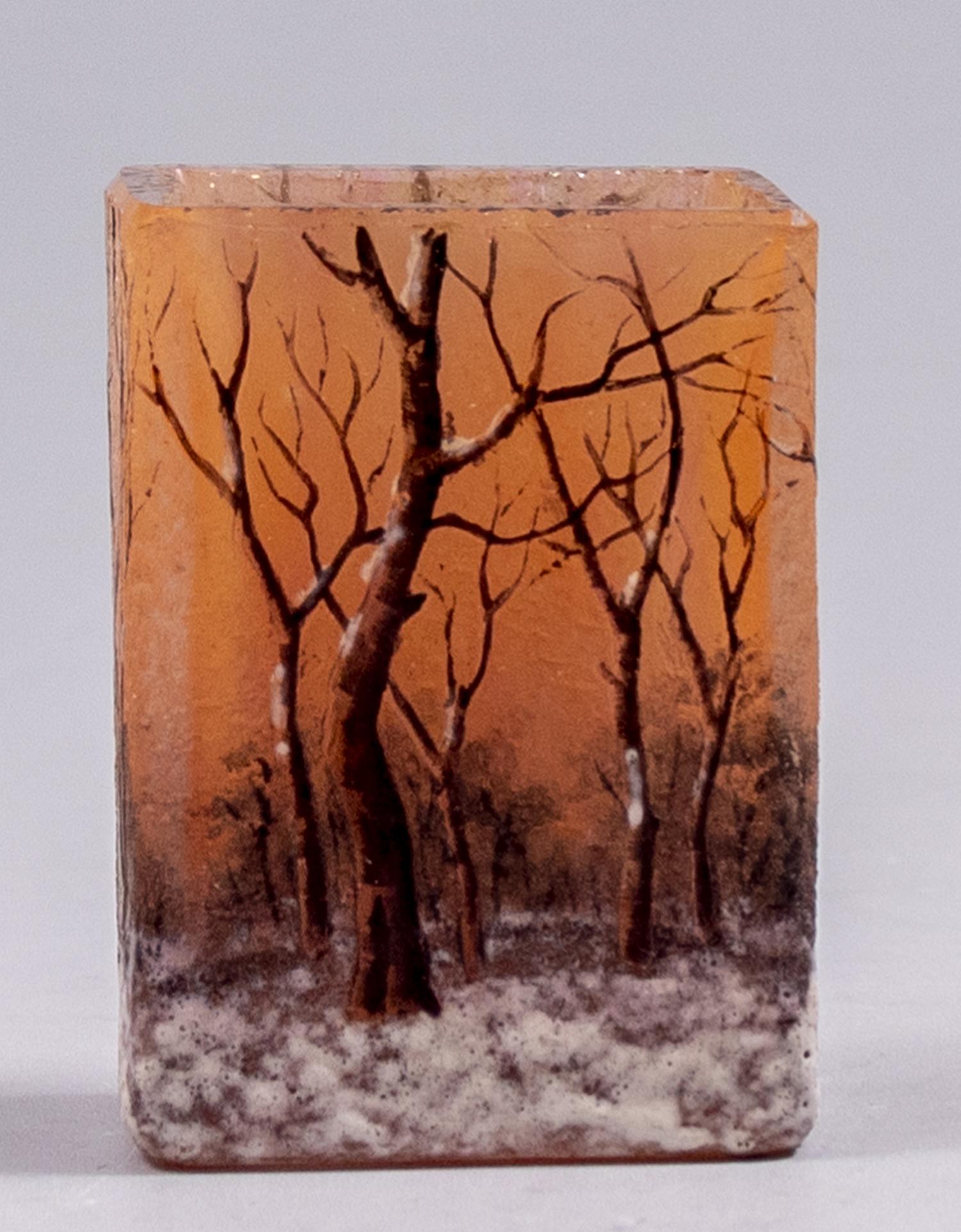 Cameo Glass Vase, Daum Nancy: C. 1900 miniature PÃ¢te-de-verre glass vase by Daum Nancy, France. Decorated with etching and enamel painting of snowy trees. Height: 4 cm. Signed.