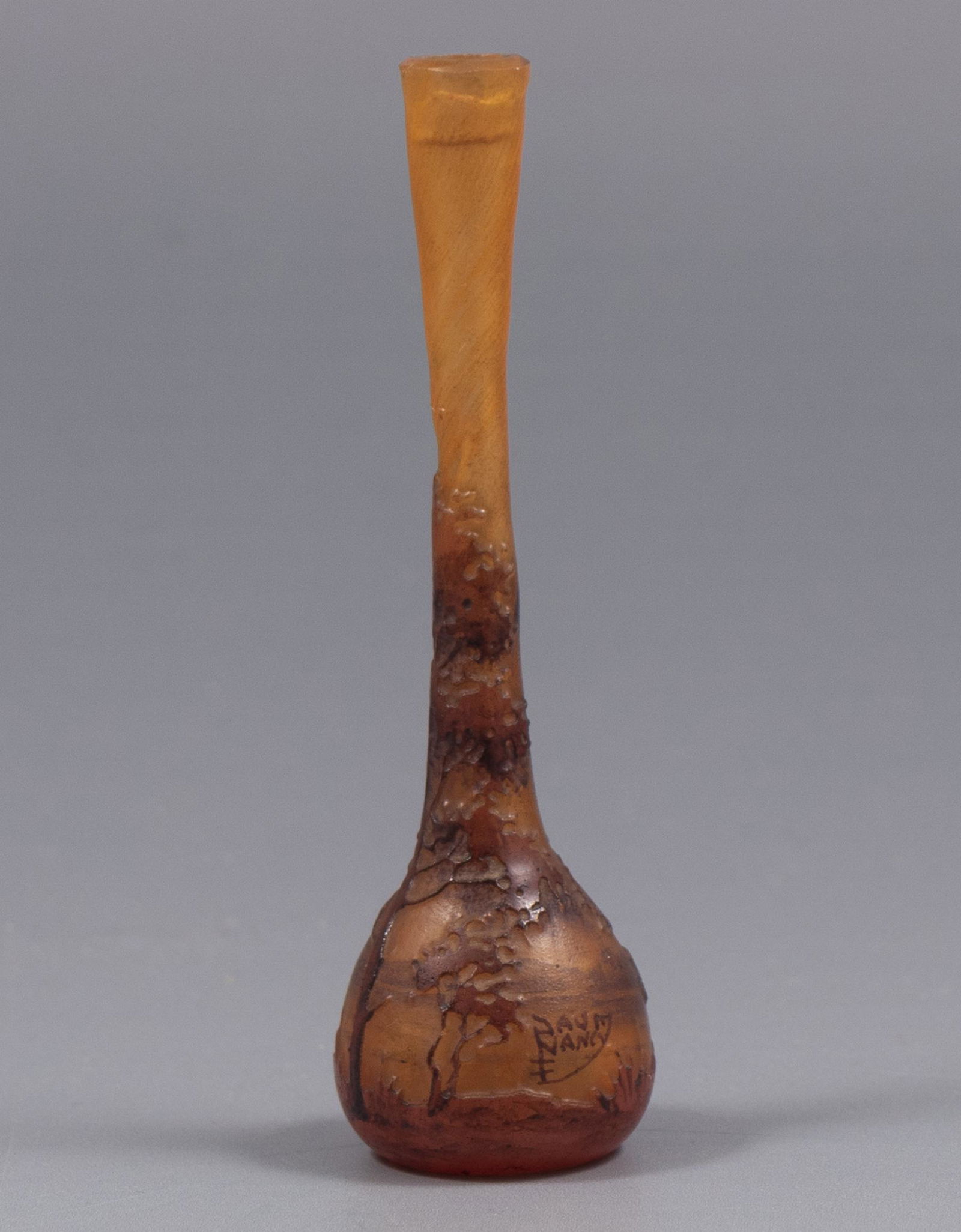 Miniature Cameo Glass Vase, Daum Nancy: C. 1900 miniature PÃ¢te-de-verre glass vase by Daum Nancy, France. Decorated with etching and enamel painting of trees. Height: 8.2 cm. Signed.