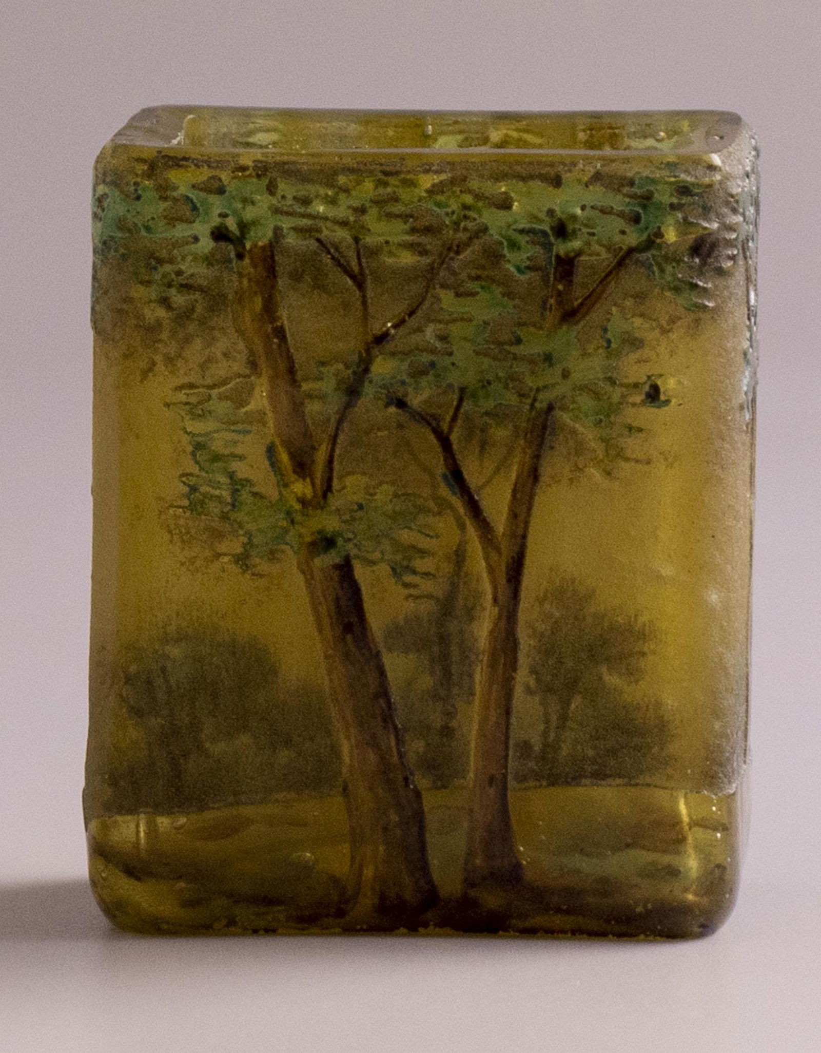 Cameo Glass Miniature Vase, Daum Nancy: C. 1900 PÃ¢te-de-verre miniature glass vase by Daum Nancy, France. Decorated with etching and enamel painting of trees. Height: 3.6 cm. Signed.