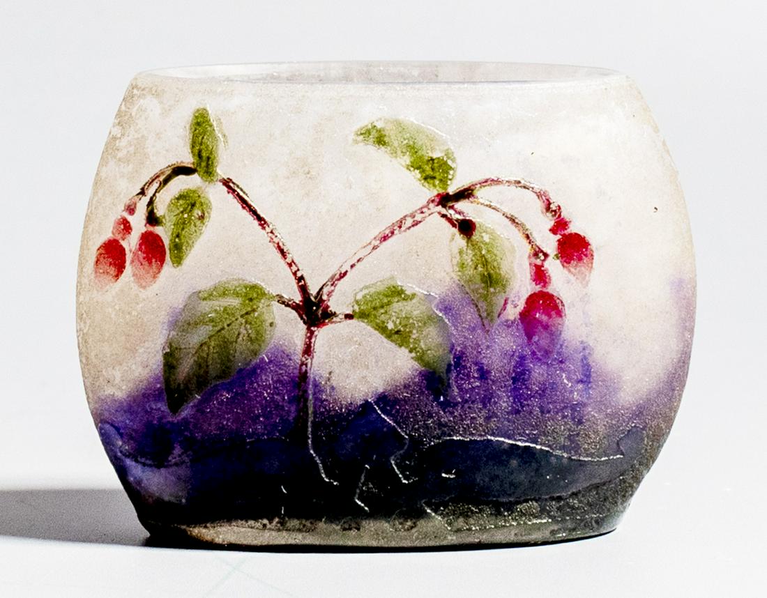 Cameo Glass Vase, Daum Nancy: C. 1900 PÃ¢te-de-verre miniature glass vase by Daum Nancy, France. Decorated with etching and enamel painting of floral motifs. Height: 4.2 cm. Signed. Minute chips to the upper rim and some wear to
