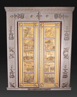 The Gates of Paradise, Replica of the Doors of Florence Baptistery: Wood and Silver Replica of the eastern doors of Florence Baptistery, "Le Formelle della Porta del Paradiso", after Lorenzo Ghiberti. Limited edition, this replica is numbered 427/500. A wooden frame w