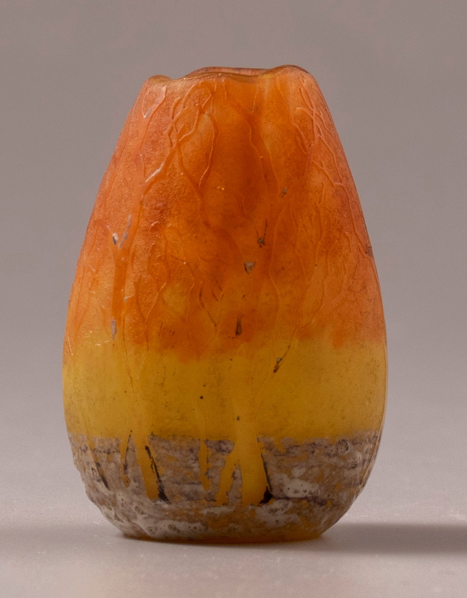 Cameo Glass Vase, Daum Nancy: C. 1900 miniature PÃ¢te-de-verre glass vase by Daum Nancy, France. Decorated with etching and enamel painting of trees. Height: 4.6 cm. Signed.