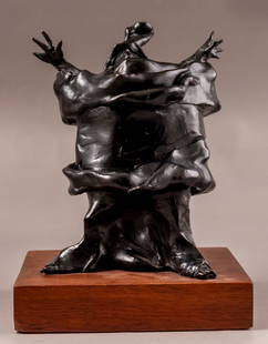 David Aronson (1923-2015): David Aronson (1923-2015), " Wilkins Micawber", bronze sculpture attached to a wooden base. Height (including base): 21 cm, signed by the artist and the foundry.