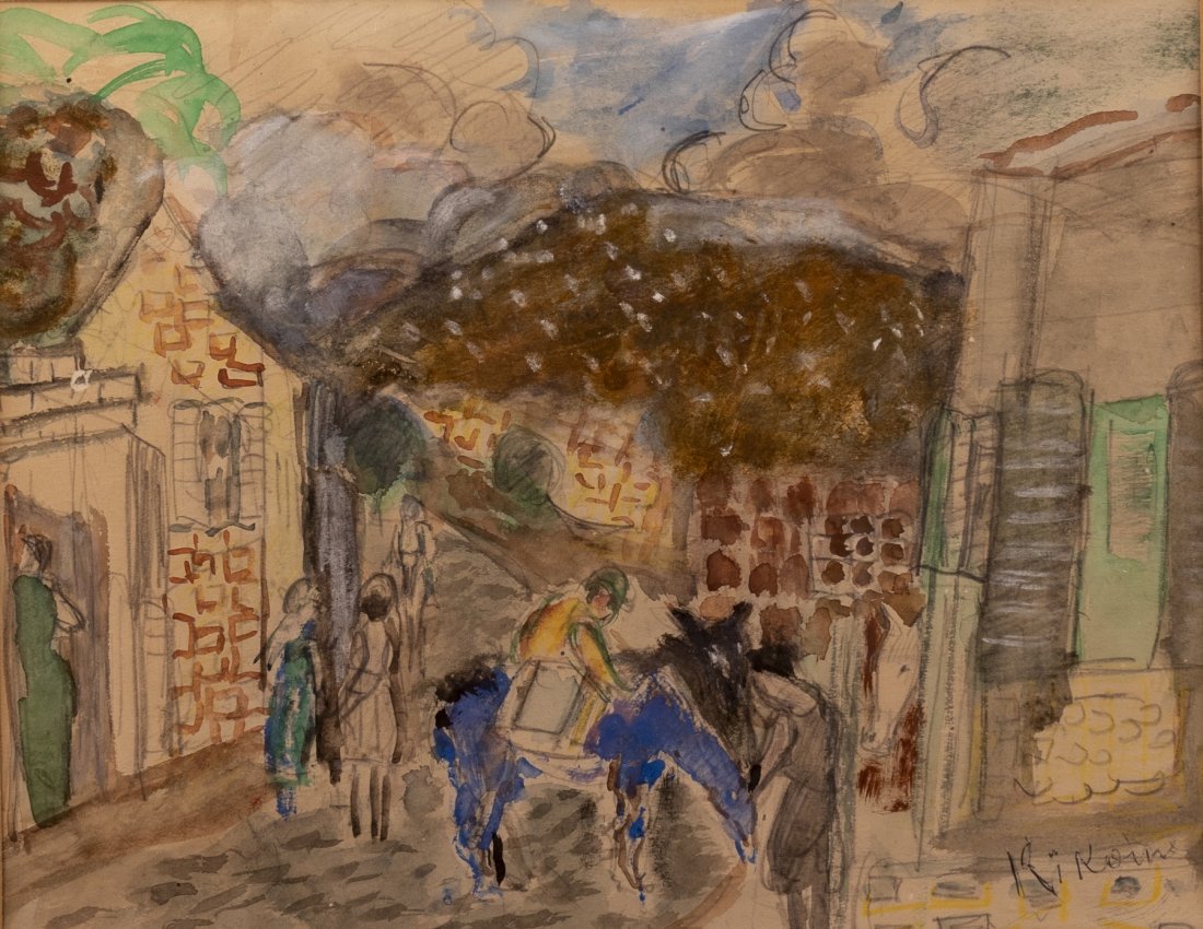 Michel Kikoine (Lithuanian/French, 1892-1968): Michel Kikoine (1892-1968), Figures in an alley, watercolor on paper, 21X27 cm, signed.