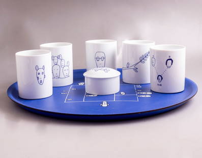 Porcelain Items, Andrea Branzi for Alessi: Lot of 7 porcelain items by Alessi, designed by Andrea Branzi, from the Genetic Tales series. Consisting of: 5 cups, tray and a box. Height: 3.5-8.5 cm. Tray's dimensions: 38 cm. Signed and dated 1998