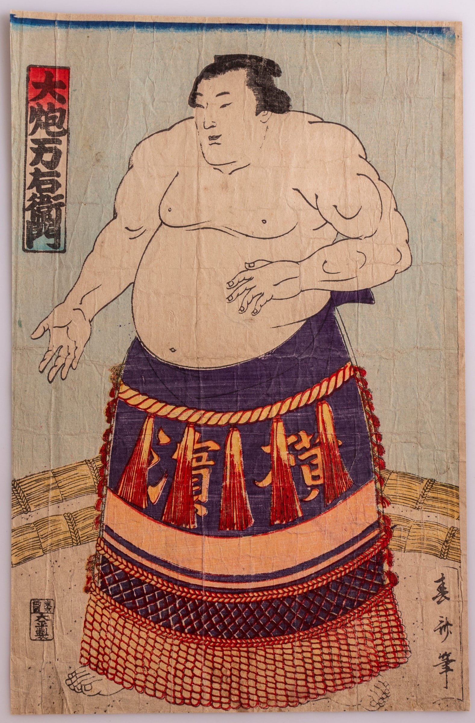 Japanese woodblock print, Rikishi: Unidentified Artist, Rikishi, Meiji period, Japanese woodblock print, 34.5X22 cm, signed. Creases.
