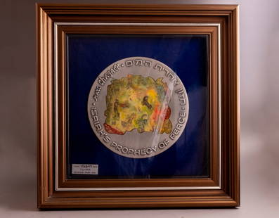 Israeli Silver Medals, After Marc Chagall: Israeli fine silver medal by The Israel Government Coins and Medals Corp, after Marc Chagall, 1995. Diameter: 19 cm. Weight: 600 grams. Frame's dimensions: 37X36.5 cm. Numbered 70/499.