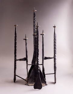 David Palombo Iron Menorah: A brutalist iron menorah by David Palombo (Israel). Height: 51 cm. Width: 30 cm.