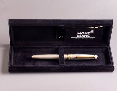 Montblanc Meisterstuck 144 Fountain Pen: Montblanc Meisterstuck fountain pen, West Germany, Sterling silver with Guilloche work & GP trims. Size: 5.3" (13.5 cm). 2 toned 18K gold nib, F. Mint, NOS, in original case.