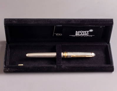 Montblanc Meisterstuck 144 Fountain Pen: Montblanc Meisterstuck fountain pen, West Germany, Sterling silver with lines pattern & GP trims. Size: 5.3" (13.5 cm). 2 toned 18K gold nib, EF. Mint, NOS, in original case.