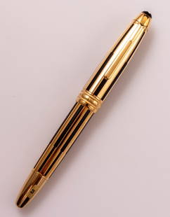 Montblanc Meisterstuck Solitaire LeGrand Fountain Pen: Montblanc Meisterstuck 146 LeGrand fountain pen, gold plated and black enamel. Size: 5.75" (14.6 cm). 2 toned 18K gold nib, M. Mint, never inked.