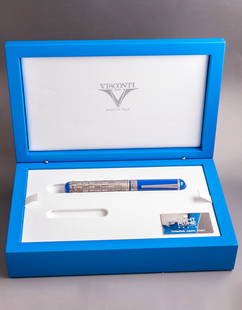 Visconti Israel 70th Anniversary Fountain Pen, Limited Edition: Visconti Israel 70th Anniversary fountain pen, Blue with silver overlay depicting The Western Wall, Limited edition. Size: 6.15" (15.7 cm). Palladium nib, M. Numbered 48/70. Mint, in original case wit