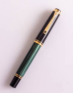 Pelikan M400 Fountain Pen: Pelikan M 400 fountain pen, Green stripes. Size: 4.9" (12.5 cm). 2 toned 14K gold nib, M. Excellent condition.