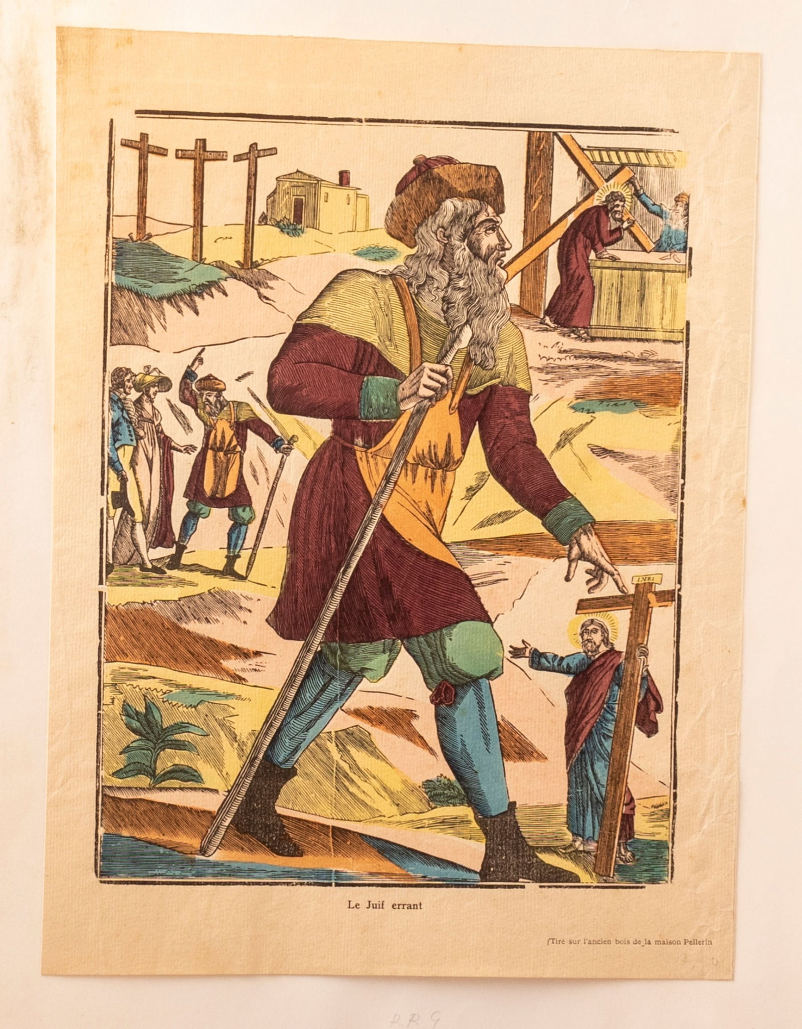 French Anti-Semitic Prints: Lot of 10 hand-painted prints depicting the figure of the Wandering Jew, France, second half of the 19th century, including: * "Le Vrai Portrait du Juif-Errant", published by Pellerin. * "La Mort du J